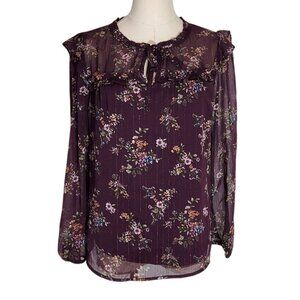 Fortune + Ivy Purple Floral Long Sleeve With Metallic Threads Blouse Women's PM